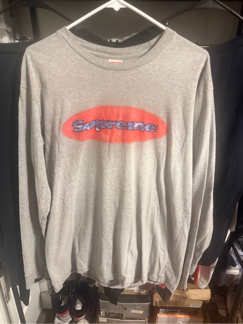 Supreme Light Gray Long Sleeve Tee with Red Oval and Blue Script